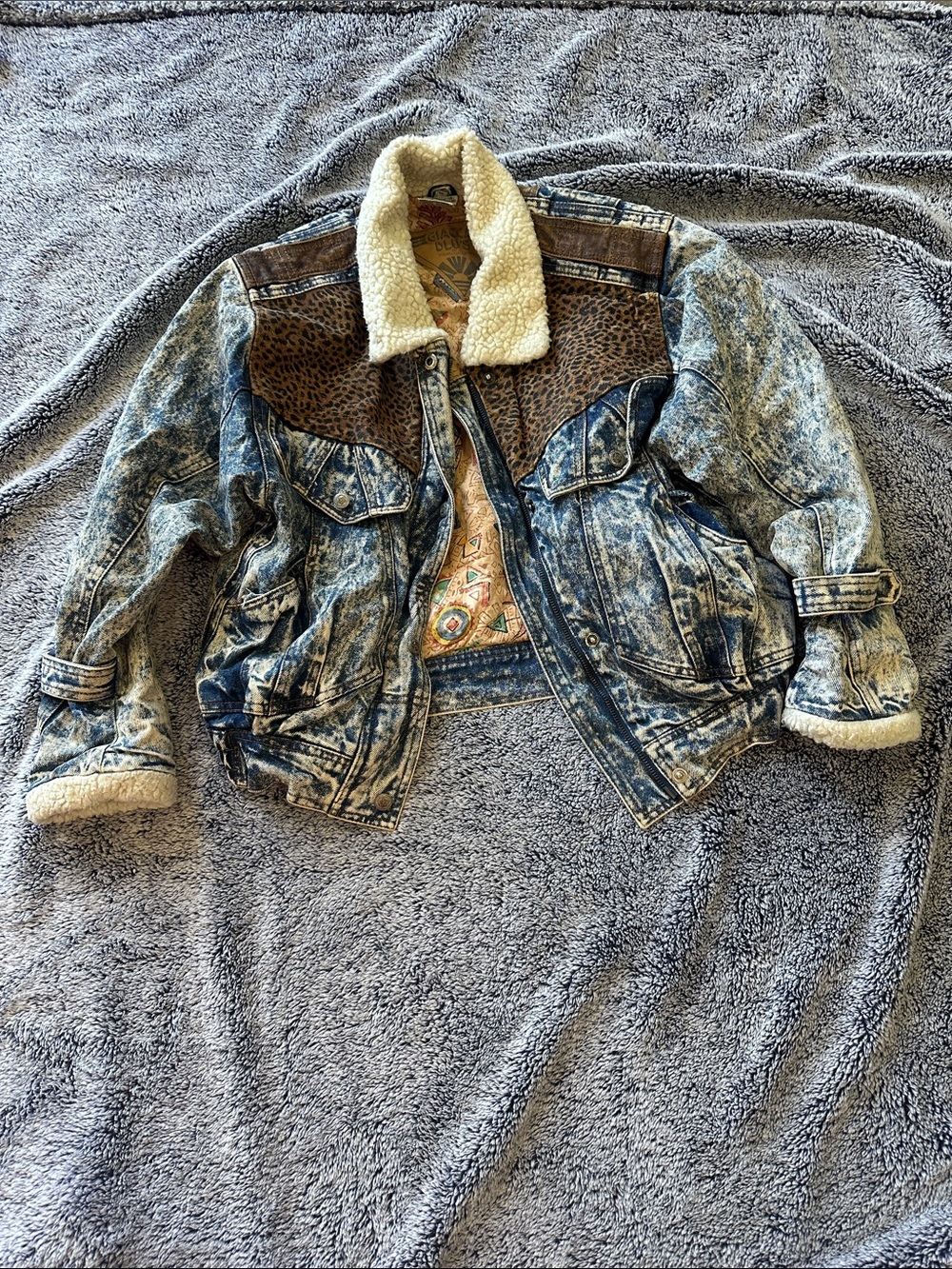 Gallery Acid Wash Denim Jacket with Sherpa Collar and Leopard Yoke